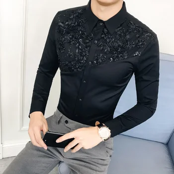 Brittisk Stil Vind 2018 Hösten Och Vintern Koreanska Man Långärmad Skjorta Lace Lace Split Gemensamma Frisyr Division