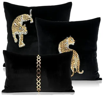 Brun/blå/svart lyx leopard embroideredvelvet midja örngott soffa metall kedja ryggdyna cove bed ländryggen örngott