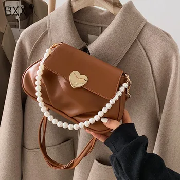 [BXX] Små PU Läder Pearl Chain Crossbody Väskor För Kvinnor 2021 Trend Handväska Kvinnors Märkesvaror Trend axelväska HQ718