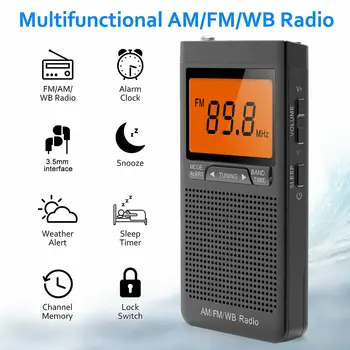 Bärbar AM FM-Radio Mini Akut Pocket Radio Väder Radio Inbyggd Högtalare Hörlursuttag Väckarklocka Radio 2021