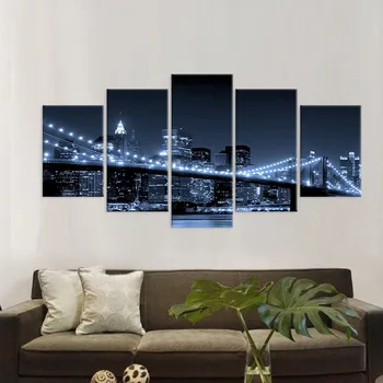 Canvas tavlor Bild HD Skriva ut Affisch 5 Bit Brooklyn Bridge City Night Scene Målning heminredning Landcape Art Print