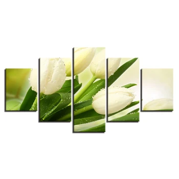 Canvas Tavlor Modulära heminredning Ram HD Skriver ut Bilder 5 st Vita Tulpaner Blommor Affischer För Vardagsrum Vägg Konst