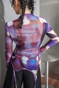 CHEERART Tie Dye Lila Mesh Topp med Lång Ärm Ihåliga Ut Asymmetrisk T Shirt Kvinnor Se Genom Bodycon Tshirt Falla 2020 Mode
