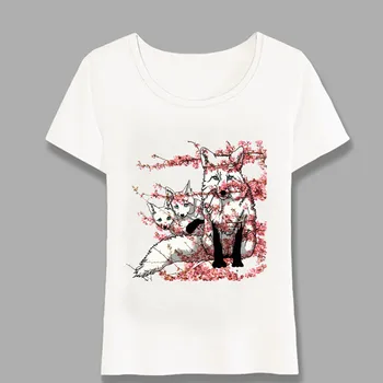 Cherry Blossoms Harajuku Streetwear T-Shirt Kort Ärm Våren Fox - Bild Tryckt Tees Kvinnor Sexig Vit Kawaii Harajuku Toppar