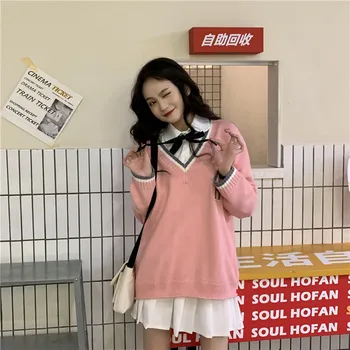 Chic Harajuku Japanska vintage Preppy Stil tröja för kvinnor hösten nya koreanska mode lös enkel V-ringad kvinnor casual tröja