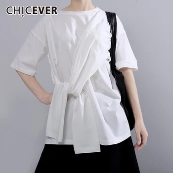 CHICEVER koreanska T-shirt För Kvinnor O Hals, Kort Ärm Casual Överdimensionerade Lace Sommaren Tröja Kvinnor Mode Kläder Nya 2020