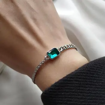 Ckysee Äkta 925 Sterling Silver Armband Fyrkantig, grön kristall Armband För Kvinnor fina Smycken Korea Stil