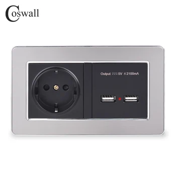 COSWALL vägguttag EU-Standard Vägguttag Med Dubbla USB-Smart Induktiv Laddning Port För Mobila 5V 2.1a Rostfri Panel