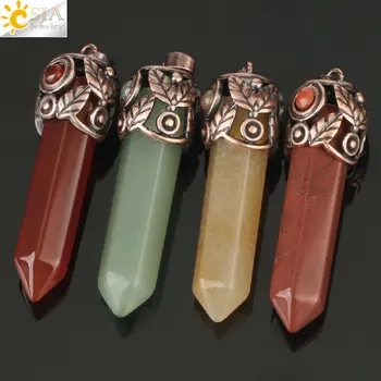 CSJA Naturlig Crystal Stone Hängen Röd Antik Koppar Sexkantiga Kolumn Energi Hänge Kvinnor Män Halsband Vintage Smycken G178