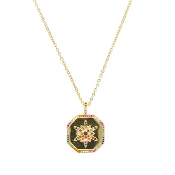 CZ sun flower square coin Hänge halsband för kvinnor rainbow cz skiva gravera stjärniga starburst geometriska trendiga mode smycken