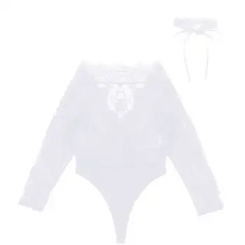 Dam Sexiga Underkläder Nallar genomskinlig Spets Lapptäcke Body Babydoll Femme High Cut-Bodycon Catsuit Kostymer med halsring