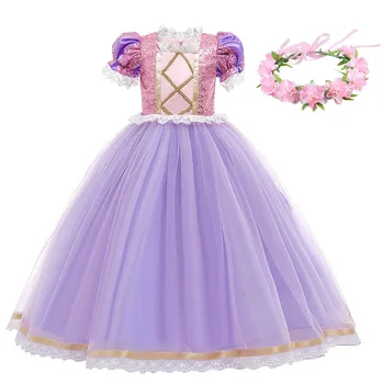Deluxe Rapunzel-Klänning för Flickan Lace Sequined Trassliga Prinsessan Kostym Barn Halloween julfest Kläder Barn Bröllop Boll