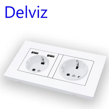 Delviz EU-Standard USB-uttag, Dubbla Uttag,16A Kvalitet power panel AC 110~250V 146mm * 86mm,Dubbel ram Vägg USB-Uttaget