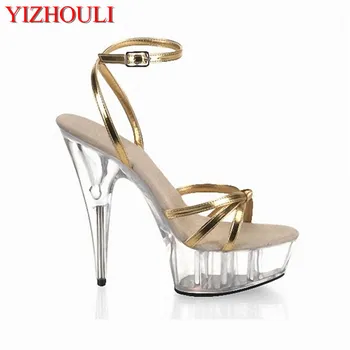 Den 6-tums skor, 15 cm hög, följ höga sandaler, genomskinliga sulor, guld modeller, dans skor