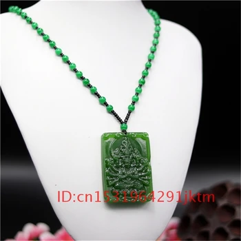 Den kinesiska Handen Ristade Smycken Presenter Buddha Hänge Halsband Amulett Män Guanyin Kvinnor för Naturligt Gröna Jadeit Jade Mode Charm