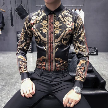 Designer Kläder 2018 Barock Tröjor Mens Mönstrade Skjortor Lyx Mens Fest Shirts Guld Tryckt Camisa Masculina Slim Fit Club