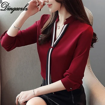 Dingaozlz Korea mode kläder 2019 Hösten Nya Kvinnor Chiffong skjorta Lång Ärm V-krage Kvinnliga Top Eleganta Kontor dam blus