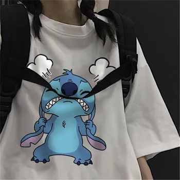 Disney Lilo Stitch Kvinnor T-shirts O-hals och Kort Ärm Sommar Toppar Tees 2020 Kvinnor Kläder som T-tröjor Svart Vit Dam T-shirt