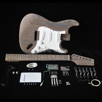 DIY Elektrisk Gitarr Kit med Zebrawood Kroppen Zebra i Trä Hals och Greppbräda 22 Gräma S S S Mickar Builder Kit