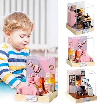 DIY-Kit med LED-Leksaker Barn Dockskåp Inredning Miniatyr Möbler DIY Dockskåp i Trä Dockskåp Barn Födelsedag Tidigt Lära sig Leksaker