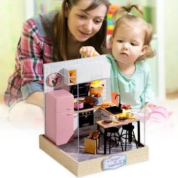 DIY-Kit med LED-Leksaker Barn Dockskåp Inredning Miniatyr Möbler DIY Dockskåp i Trä Dockskåp Barn Födelsedag Tidigt Lära sig Leksaker