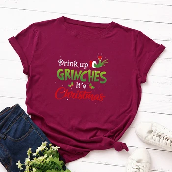 Dricka Upp Grinches Kort Ärm T-shirt Brev skrivs ut Julen Festligt Söt Män Kvinnor Toppar FS99