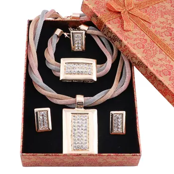 Dubais Guld-Färg Bröllop Hänge Halsband Örhängen Set För Kvinnor Brudar Smycken Kostym Kristall Smycken Ställer