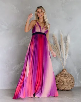 Echoine Spsaghetti Remmar Sexy Deep V-Neck Bohemiska Rainbow Mesh Dress Kvinnor Tryckt Lång Maxi Vestidos Eleganta Damer Kläder