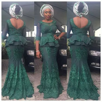 Elegant Mörk Grön Spets Nigeria Formell Kväll Festklänningar Full Ärmar Afrikanska Peplum Lång Prom Klänningar Klänningar 2020 Plus-Storlek