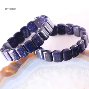 Eller För Kvinnor Smycken Handgjorda Armband Sladden Stretch natursten Rektangulär Pärla Blå Sandsten Armband 7