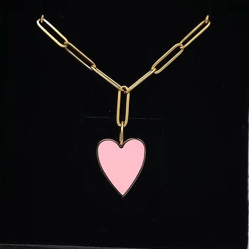 Emalj rosa hjärta lång tröja halsband till kvinnor i rostfritt stål minimalistisk guld länk chian halsband mode 2020