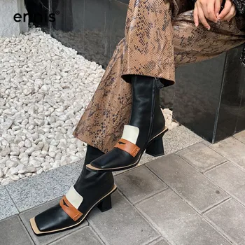 ENNIS 2020 Designer Fyrkantig Tå Stövlar med Hög Klack Kvinnor Mode Stövlar i Äkta Läder Boots Kort Hösten Dragkedja Skor A0166
