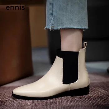 ENNIS Mode Chelsea-Boots Kvinnor Korta Stövlar med Låg Klack Skor av Äkta Läder Boots Glida På Kvinnliga Skor Vintern NEWA0084