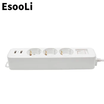 Esooli grenuttag med Dubbla USB-Laddning Port 3 AC EU Eluttag Förlängning Plug Power-Knappen Överspänningsskydd 2M Ren koppartråd