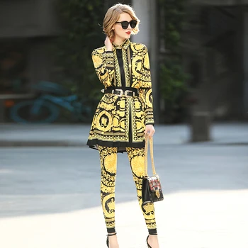Europeiska Amerikanska Kvinnor Stil Fantastiska 3 Delar Byxor Satt Blus+Kjol+Penna Byxor Leopard Print Dubbel Uppsättning Vintage Kläder