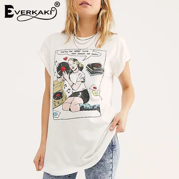 Everkaki Boho Retro Print T-shirt Top Kvinnor Sommar Tees Zigenare Mode Damer Toppar Vintage T-shirts Casual Kvinnliga 2020 Vårens Nya