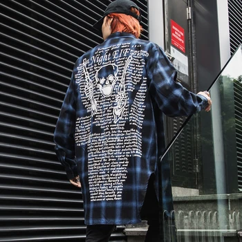 Extra long Mens printed plaid shirt long sleeve Red Black Blue Yellow color Hiphop Spring Autumn Summer