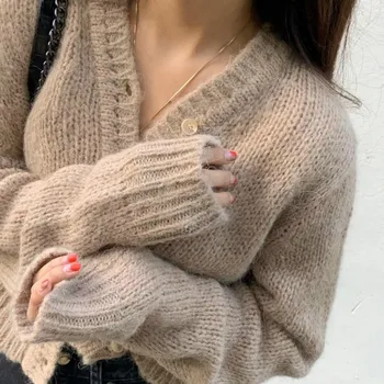 Ezgaga Stickad Cardigan Tröja Kvinnor Koreanska Vintage 2020 Höst Vinter Mode V-Neck Fast Lång Ärm Outwear Toppar Kvinnliga
