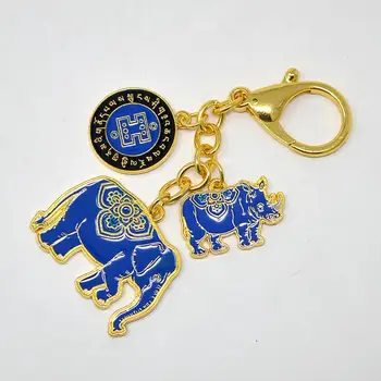 Feng Shui Anti Inbrott Nyckelring - Blå Elefant och Noshörning W4283