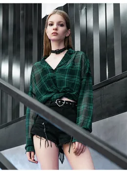 Flicka rutig skjorta Sling bottna kjol passar Harajuku style Street wear Retro gitter