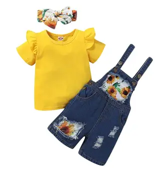 Flickan Barn Clothers Passar Solid Färg, Kort Gylf Ärm T-shirt med Solros Tryckt Suspender Jeans Pannband Chidlren Kläder