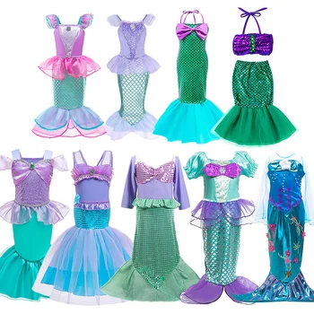 Flickor Little Mermaid Fancy Dress Up Outfit Barn Halloween Prinsessan Kostym Barn Ariel Tjej Kläder för Carnival Fairy Dress