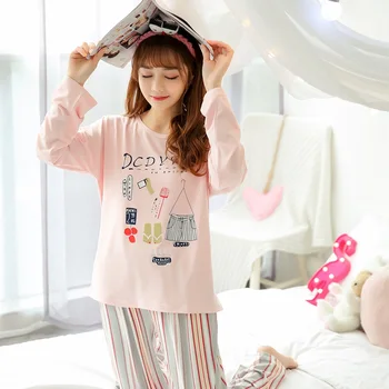 Flickor Söt Tecknad Flamingo Sleepwear Pyjamas Set för Kvinnor 2019 Våren långärmad Pyjamas Hemmakläder Pijama Mujer Lounge Kläder