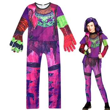 Flickor Ättling 3 Mal Klä upp Kostym 3D-Utskrivna Cosplay Kläder Skurk Evie Jumpsuit Barn Hallooween Dölja Klänning och Peruk