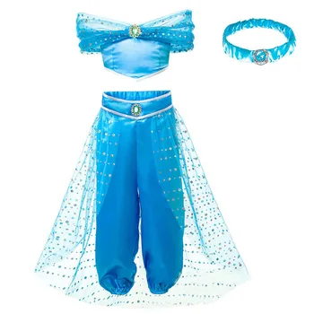 Flickorna Jasmine Klä Upp Kläder Barn Carnival Part Leveranser Barn Aladdin Blå Grön Prinsessan Fancy Girl Halloween Kostym