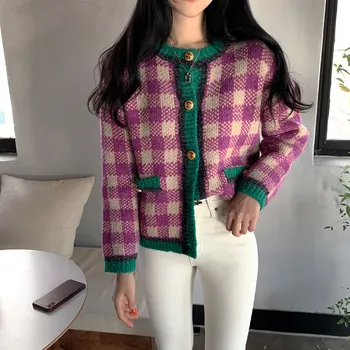 Främmande Kitty 2020 koreanska Våren Stickade Tröjor Dam Vintage Pläd Stickad Cardigan Kvinnliga Mode Sweater Coat för Kvinnor Kläder
