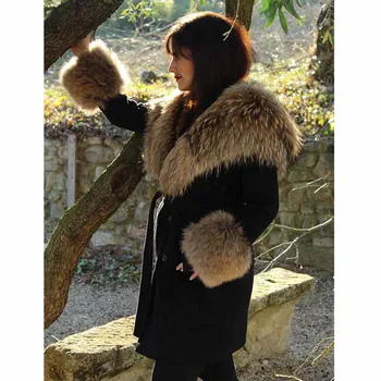 FURSARCAR Naturliga Vinter Päls Jacka Med Päls Huva Kvinnor Mode Lyxiga Kashmir Lång Päls 2020 Nya Svarta Tvättbjörn Päls Krage Päls