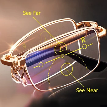 Fällbara Glasögon Bärbara Progressiva läsglasögon Multifokala Mens Anti-Blue Ray Presbyopic Glasögon med fodral