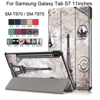 För Samsung Galaxy Tab S7 11 tums 2020 Målade PU Läder Flip Case SM-T870 SM-T875 Smart Vakna Fällbara Stativ Täcker Funda Skal