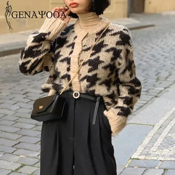 Genayooa Vintern Cashmere Cardigan Kvinnor Lång Ärm Leopard Stickad Kofta O Nacke Streetwear Cardigan Tröja Botton 2020 Nytt